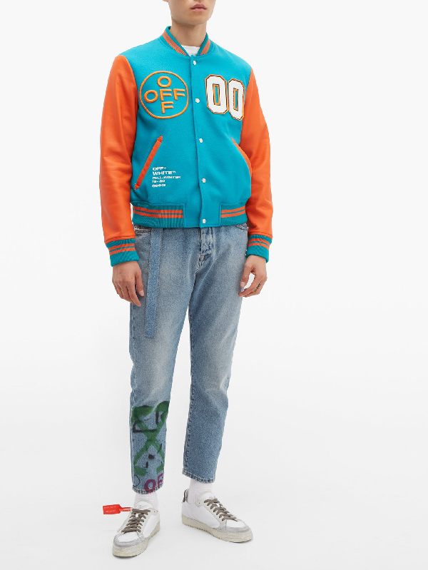 Off-white Appliquéd Wool-blend And Leather Varsity Jacket In Blue ...