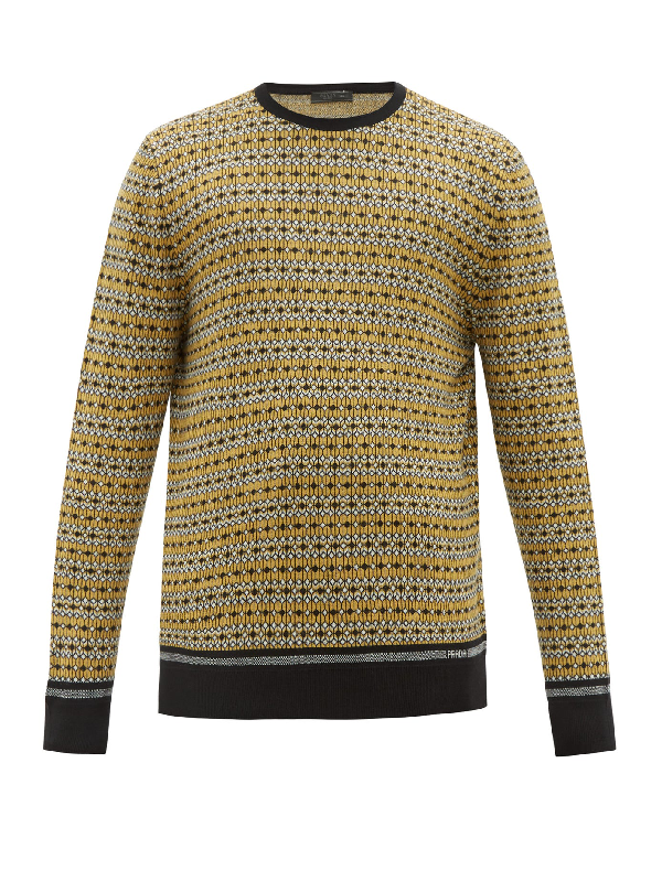 Prada Crew Neck Wool Jumper In Black Yellow Modesens