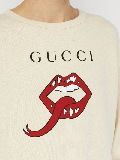 Gucci Lip And Logo Print Cotton Sweatshirt In Cream ModeSens