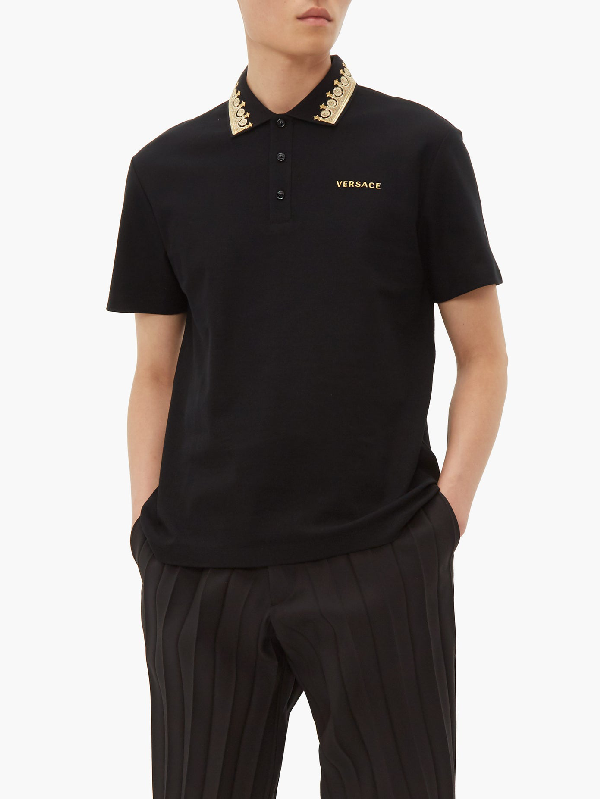 Versace Crown Embroidered-collar Cotton Piqué Polo Shirt In Black ...