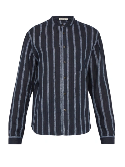 Raj Mandarin-collar Striped Linen Shirt In Navy
