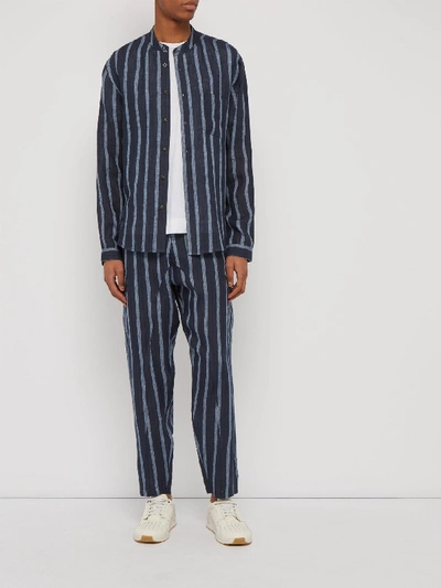 Raj Mandarin-collar Striped Linen Shirt In Navy