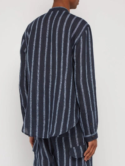 Raj Mandarin-collar Striped Linen Shirt In Navy