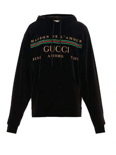 Gucci Logo-embroidered Velour Hooded Sweatshirt In Black | ModeSens