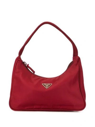 Pre-owned Prada Triangular Logo Plaque Shoulder Bag In Red