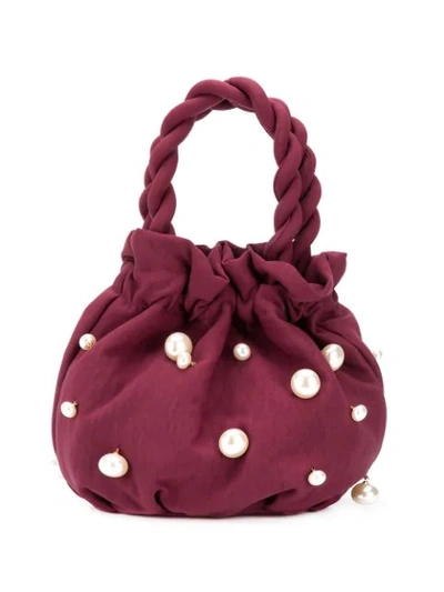 Shop Staud Grace Pearl-embellished Bucket Bag In Red