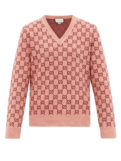 Gucci Gg Monogram Felted-wool Blend V-neck Sweater In Pink | ModeSens