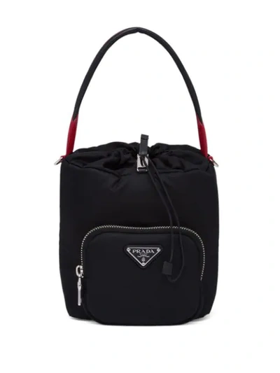 Shop Prada Logo Plaque Bucket Bag - Black