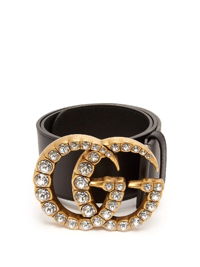 Gucci Leather Belt With Crystal Double G Buckle In Black | ModeSens