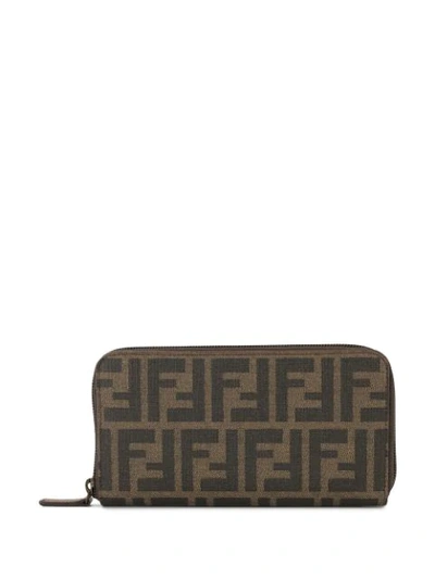 Pre-owned Fendi Zucca Pattern All Around Zipped Wallet In Brown