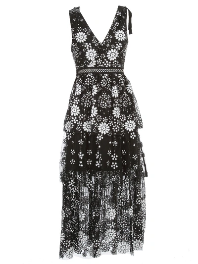 Shop Self-portrait Dress Midi Slit On Waist W/flounce In Black