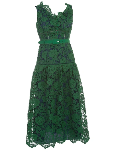 Shop Self-portrait Dress Naked Shoulder Flower Lace In Green