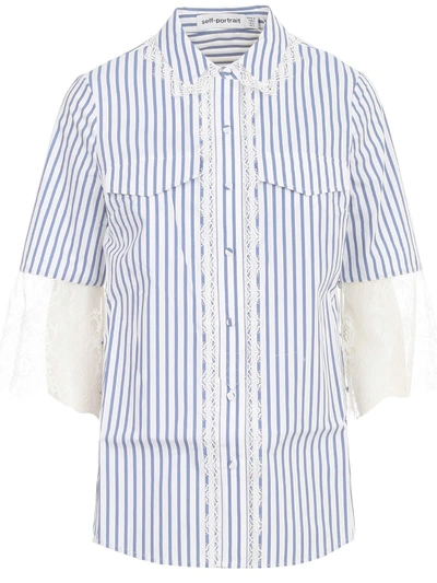 Shop Self-portrait Shirt W/stripes And Lace In Blue White