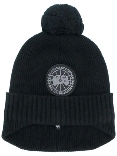 Shop Canada Goose Logo Patch Ribbed Beanie In Black