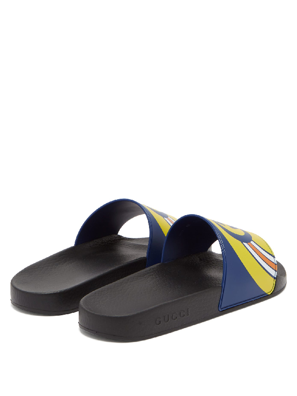 blue and orange gucci slides