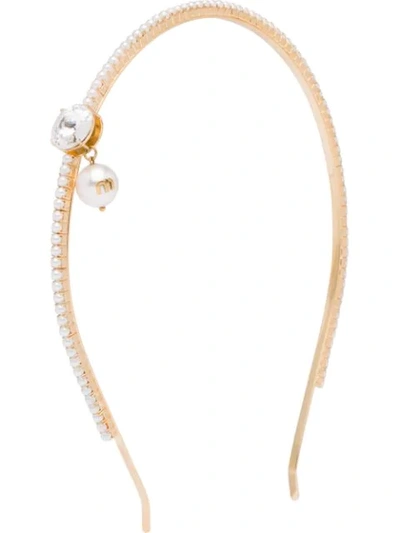 Shop Miu Miu Faux-pearl Embellished Headband In Gold
