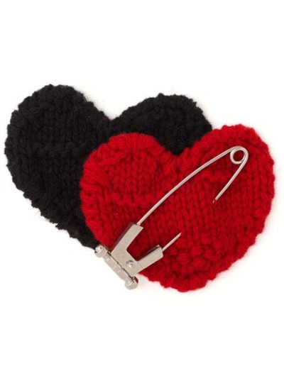 Shop Prada Knitted Double Heart Pin In Red