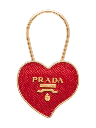 Shop Prada Heart Logo Keyring In Red