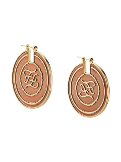 Shop Fendi Ff Karligraphy Engraved Earrings In F16gp-rust +soft Gold