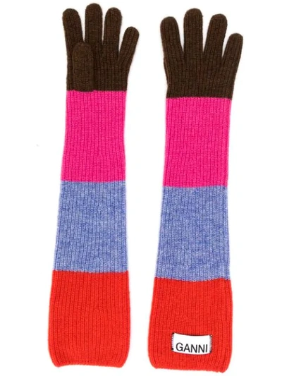 Shop Ganni Striped Long Gloves In Red