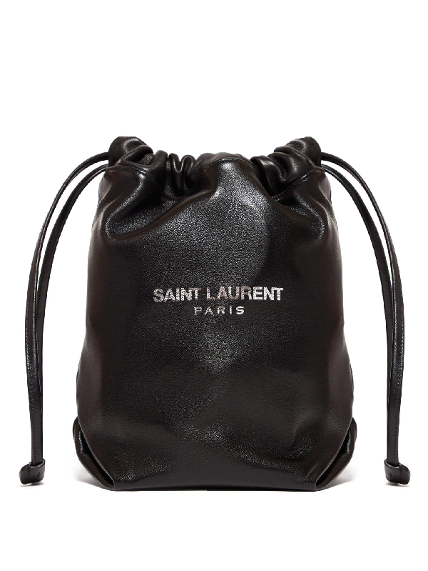 Saint Laurent Teddy Logo Print Small Leather Drawstring Bucket Bag In Black Modesens