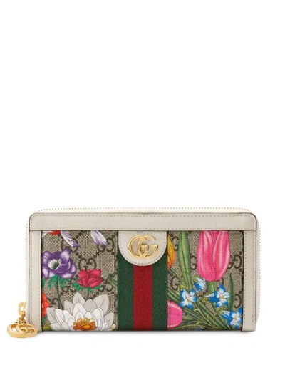 Shop Gucci Flora Print Wallet In Neutrals