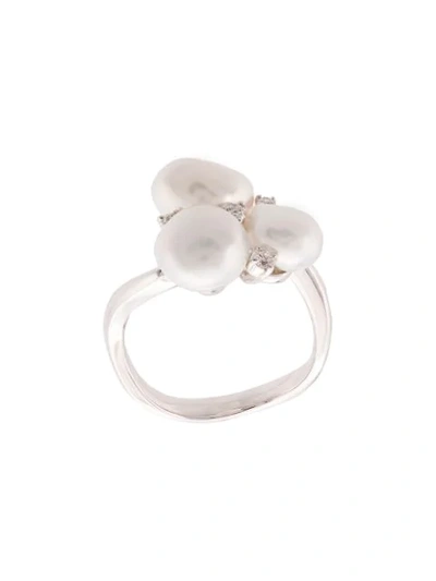 Shop Baggins 18kt White Gold Three White South Sea Pearl And Diamond Cluster Ring In Whtgold
