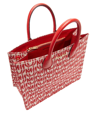 Miu Miu Logo-jacquard Leather-handle Tote Bag In Red White