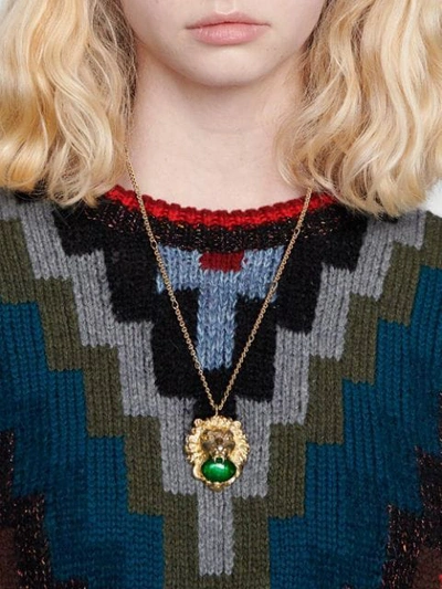 Shop Gucci Lion Head Necklace With Cabochon Stone In Gold