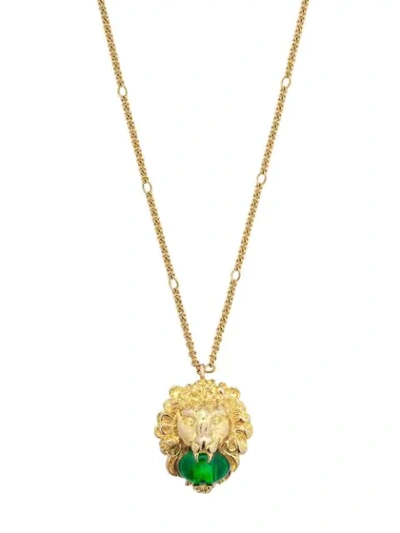 Shop Gucci Lion Head Necklace With Cabochon Stone In Gold