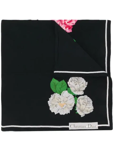 Pre-owned Dior 1990's  Hydrangea Printed Silk Scarf In Black