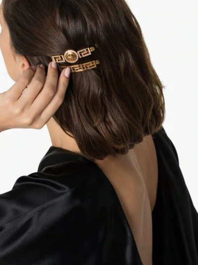 Shop Versace Greek Key Motif Hair Clip In Gold