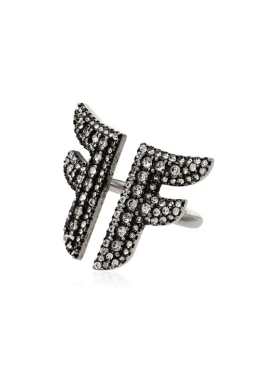 Shop Fendi Flying F Crystal-embellished Logo Ring In Metallic