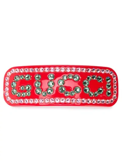 Shop Gucci Crystal-embellished Logo Hair Clip In Red