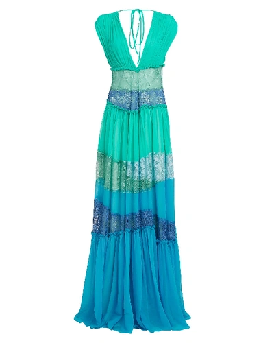 Shop Alberta Ferretti Lace-trimmed Silk Chiffon Gown In Turquoise