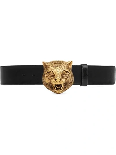 Shop Gucci Leather Belt With Feline Buckle In Black