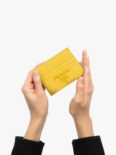 Shop Prada Saffiano Logo Card Holder In Yellow
