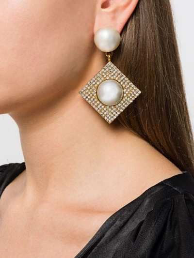 Pre-owned Celine 1980/1990s  Geometric Pearl Embellished Earrings In Gold