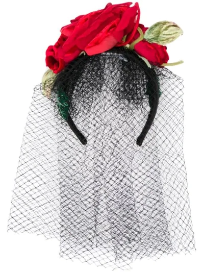 Shop Dolce & Gabbana Veiled Rose Headband In Black