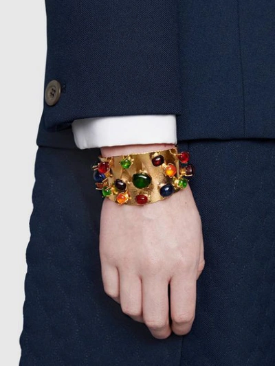 Shop Gucci Cuff Bracelet With Cabochon Stones In Gold