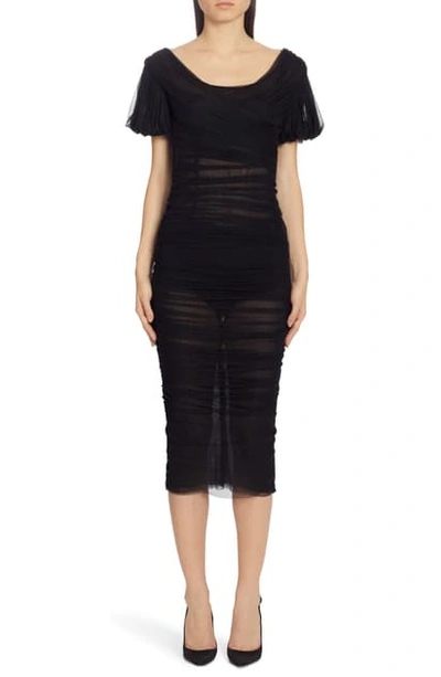 Shop Dolce & Gabbana Puff Sleeve Ruched Silk Tulle Midi Dress In Black