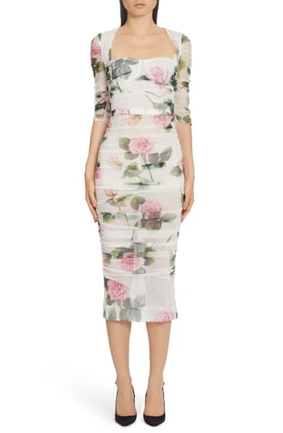 Shop Dolce & Gabbana Rose Print Ruched Sheath Dress In White