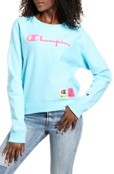 Shop Champion Reverse Weave Chenille Logo Sweatshirt In Blue Horizon