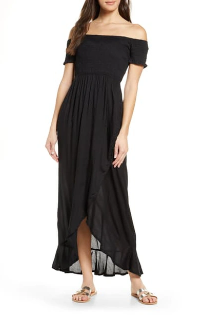 Shop Tiare Hawaii Cheyenne Off The Shoulder Cover-up Maxi Dress In Solid Black