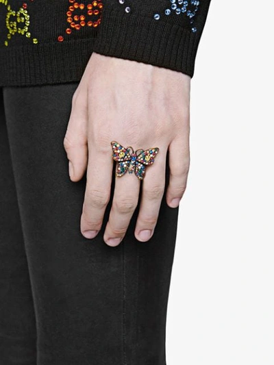 Shop Gucci Crystal Studded Butterfly Ring - Gold