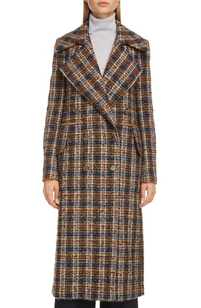 Shop Victoria Beckham Double Breasted Summer Weight Tweed Coat In Navy / Gold