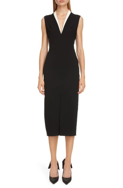 Shop Victoria Beckham Contrast Collar Bonded Crepe Midi Sheath Dress In Black