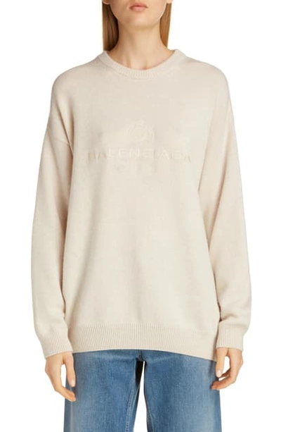Shop Balenciaga Oversize Logo Embroidered Cashmere Sweater In Off White