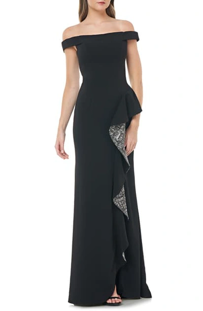 Shop Carmen Marc Valvo Infusion Off The Shoulder Crepe Gown In Black/ Silver