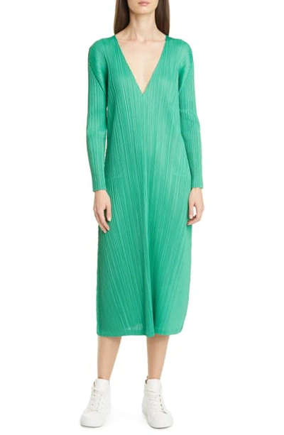 Shop Issey Miyake Pleated Long Sleeve Midi Dress In 62 Green